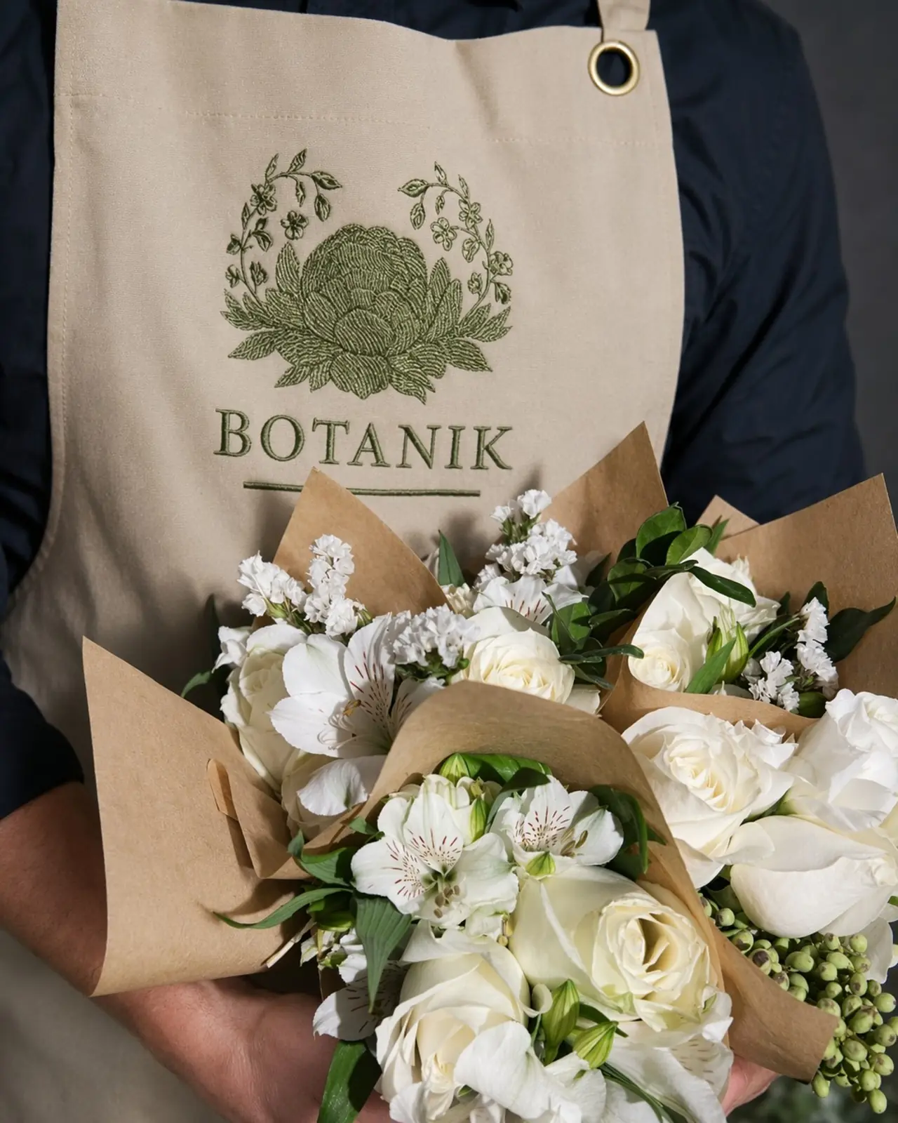 Florista da Botanik, de avental bordado com a marca, segurando um buquê de rosas e alstroemérias brancas embrulhado em papel kraft.